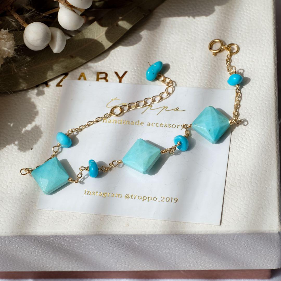 14kgfスリーピングビューティーターコイズダイヤカットブレスレット