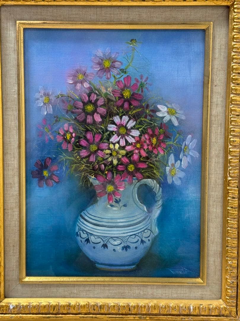 花瓶の花油彩画　コスモス　津村晃三