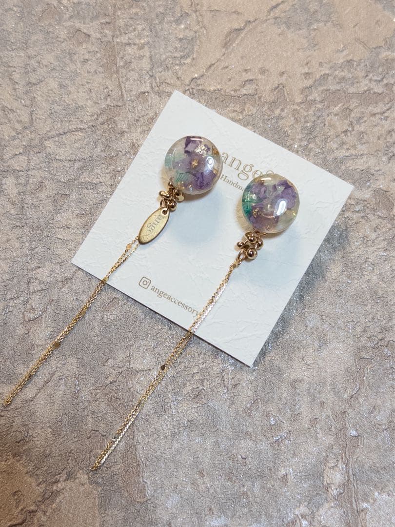 2wayグリーン×パープルフラワーロングチェーンピアス