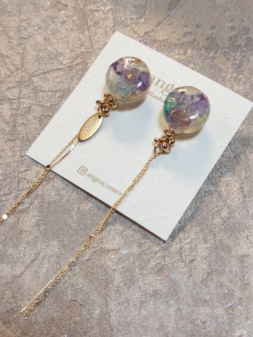 2wayグリーン×パープルフラワーロングチェーンピアス