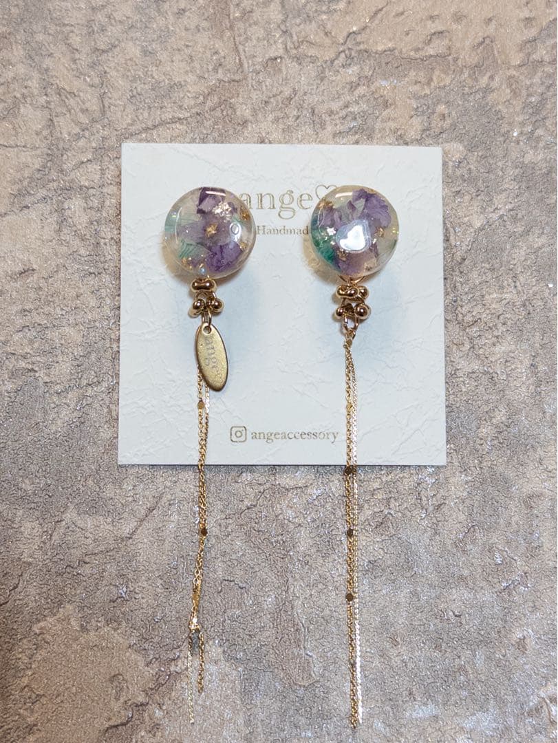 2wayグリーン×パープルフラワーロングチェーンピアス