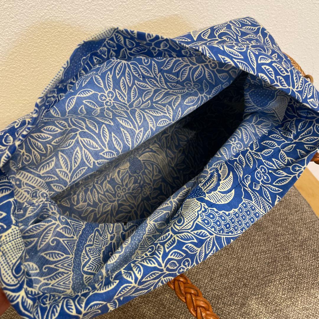 【バリ島購入】本格アタバッグ 横33cm 横長トート レザー持ち手 巾着付き