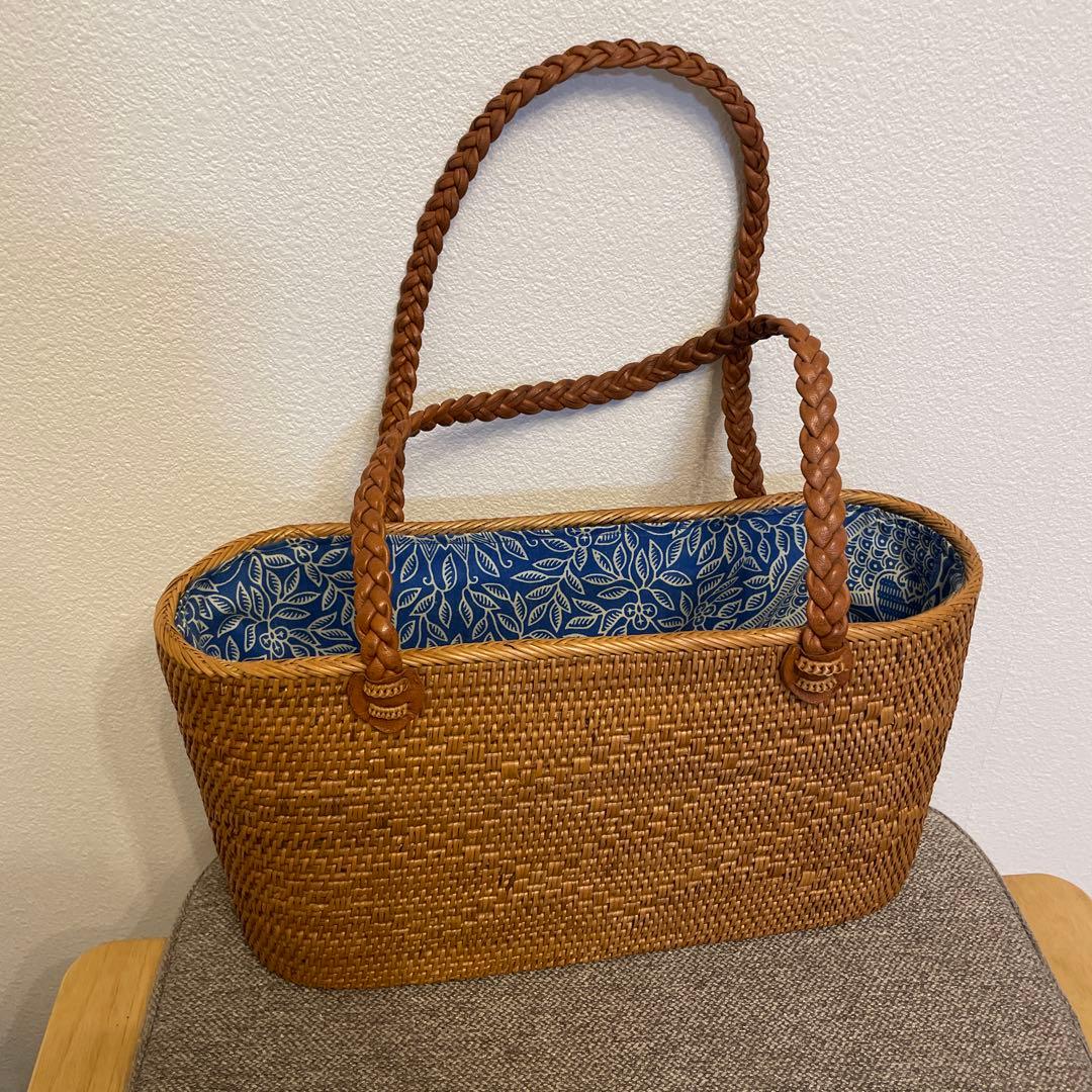 【バリ島購入】本格アタバッグ 横33cm 横長トート レザー持ち手 巾着付き