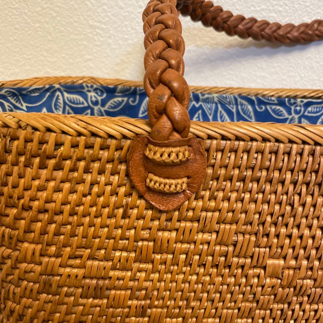 【バリ島購入】本格アタバッグ 横33cm 横長トート レザー持ち手 巾着付き