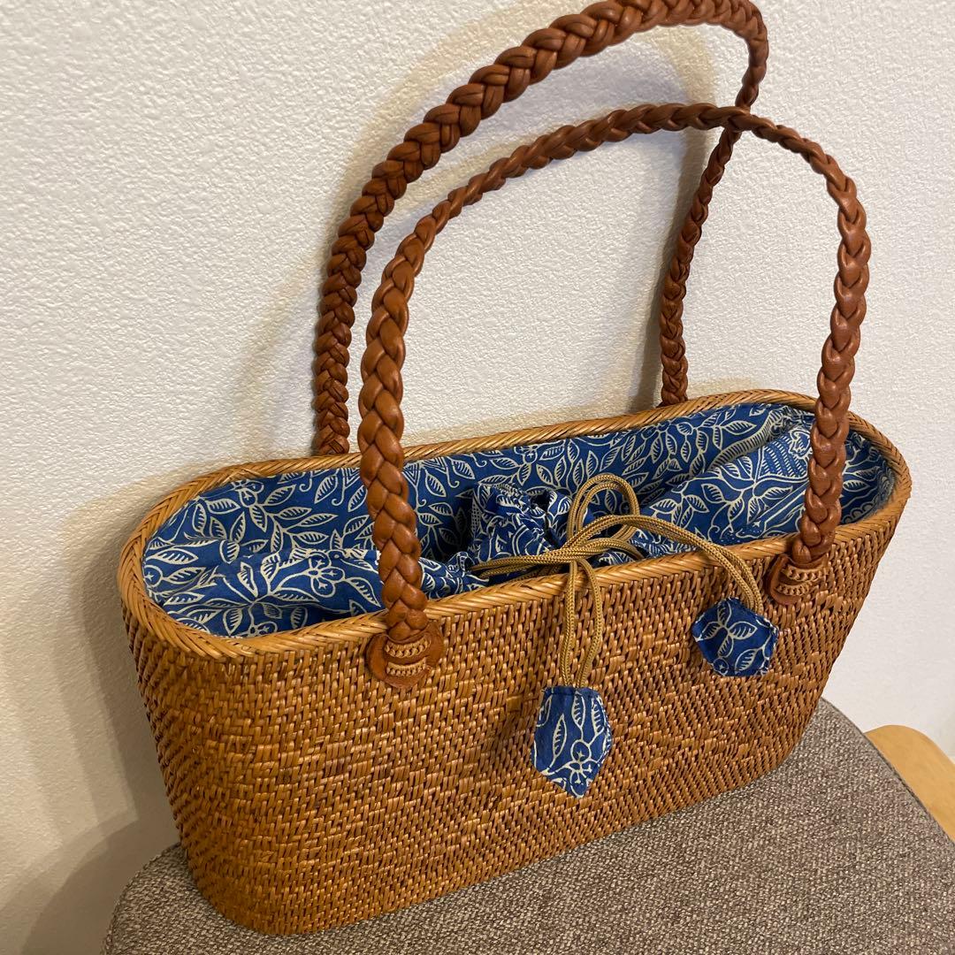 【バリ島購入】本格アタバッグ 横33cm 横長トート レザー持ち手 巾着付き