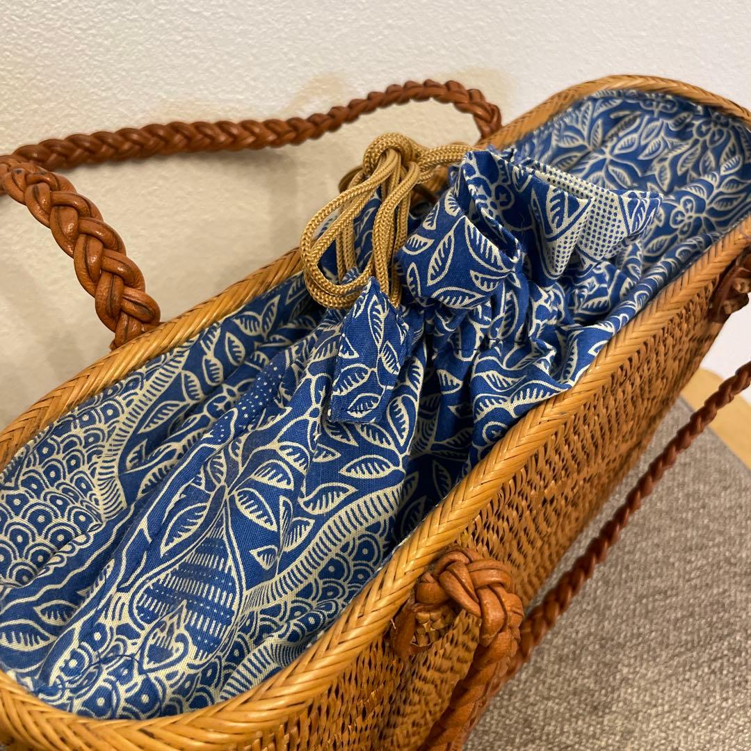 【バリ島購入】本格アタバッグ 横33cm 横長トート レザー持ち手 巾着付き