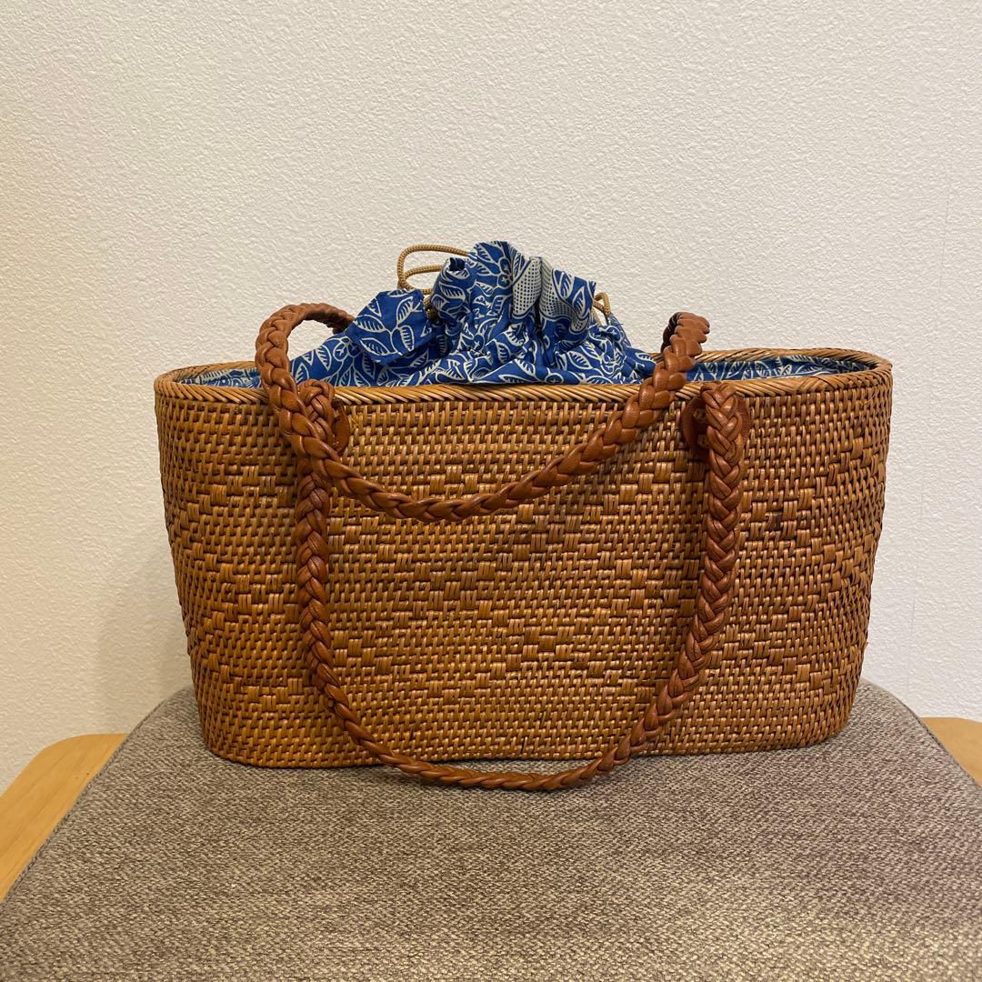 【バリ島購入】本格アタバッグ 横33cm 横長トート レザー持ち手 巾着付き