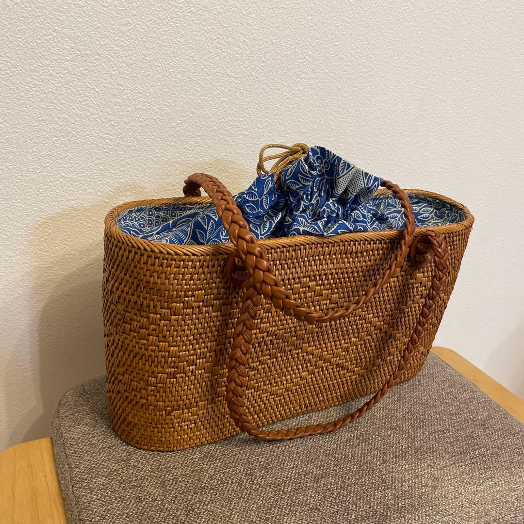 【バリ島購入】本格アタバッグ 横33cm 横長トート レザー持ち手 巾着付き