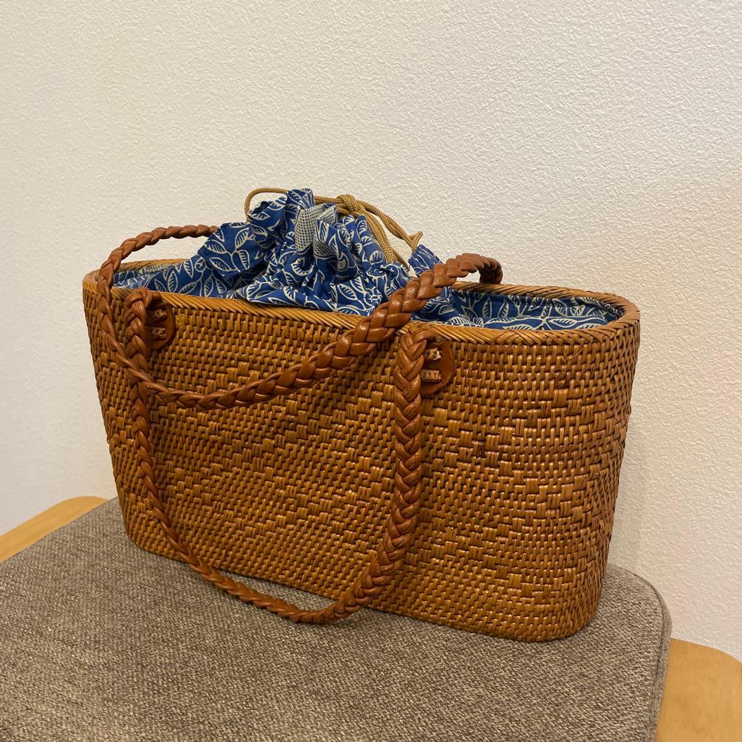 【バリ島購入】本格アタバッグ 横33cm 横長トート レザー持ち手 巾着付き