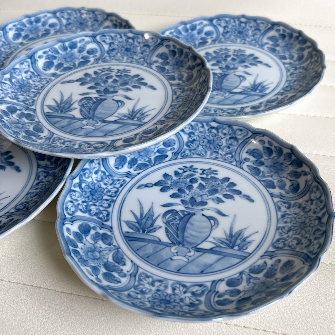 三洋陶器　龍峰窯　林斎　染付間取花紋　銘々皿揃　5枚セット　中皿　取り皿　輪花皿