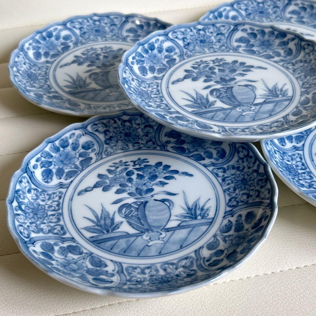 三洋陶器　龍峰窯　林斎　染付間取花紋　銘々皿揃　5枚セット　中皿　取り皿　輪花皿