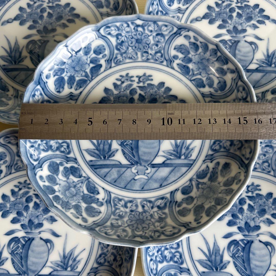 三洋陶器　龍峰窯　林斎　染付間取花紋　銘々皿揃　5枚セット　中皿　取り皿　輪花皿