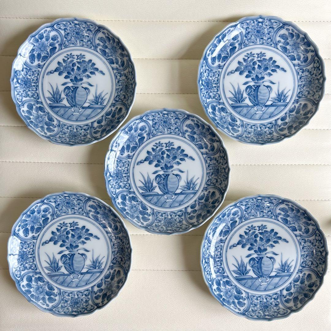 三洋陶器　龍峰窯　林斎　染付間取花紋　銘々皿揃　5枚セット　中皿　取り皿　輪花皿