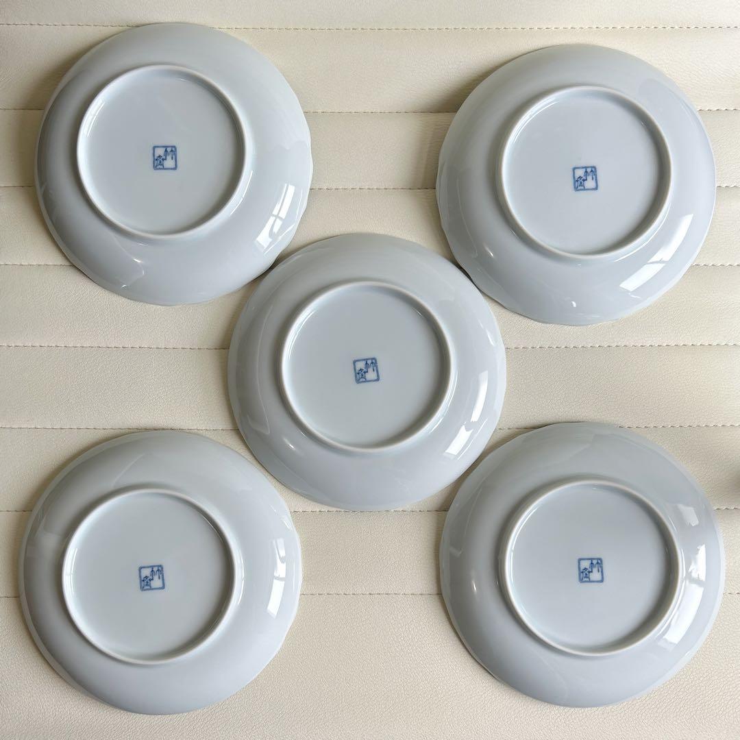 三洋陶器　龍峰窯　林斎　染付間取花紋　銘々皿揃　5枚セット　中皿　取り皿　輪花皿