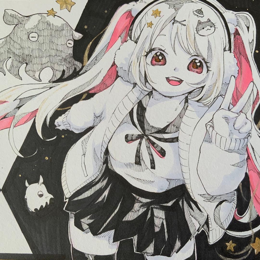 色紙イラスト　オリジナル 手描き アナログ　女の子とメンダコ