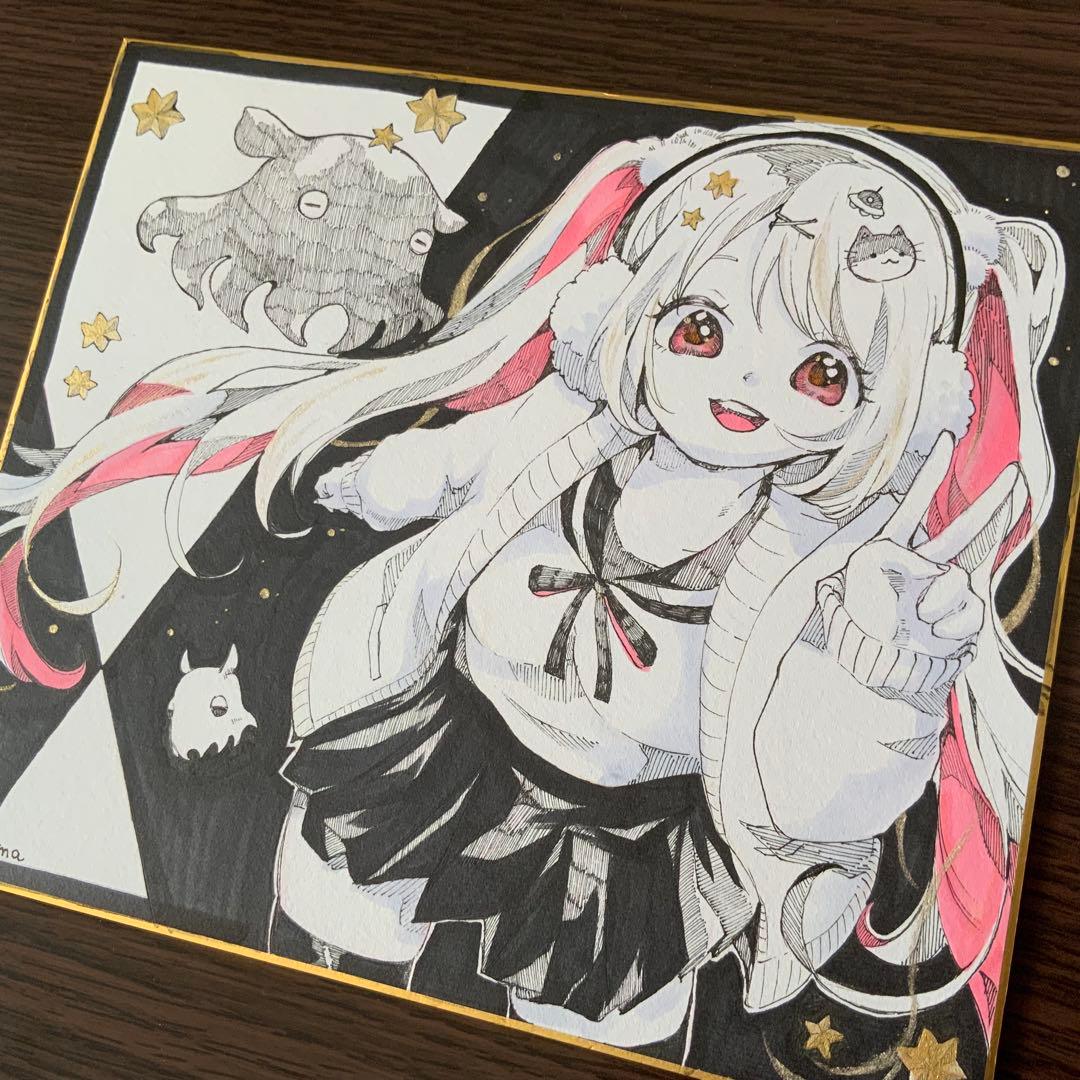 色紙イラスト　オリジナル 手描き アナログ　女の子とメンダコ