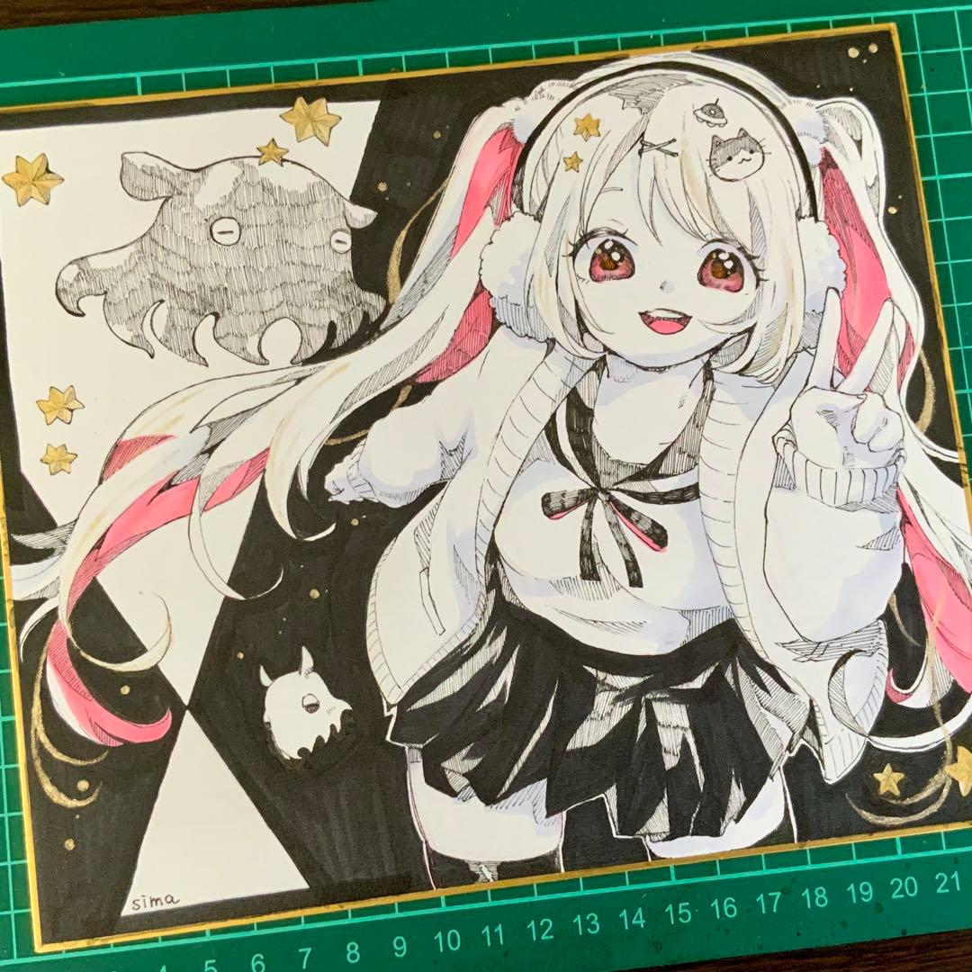 色紙イラスト　オリジナル 手描き アナログ　女の子とメンダコ