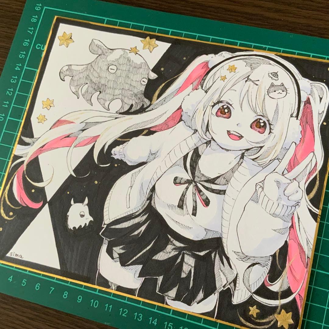 色紙イラスト　オリジナル 手描き アナログ　女の子とメンダコ