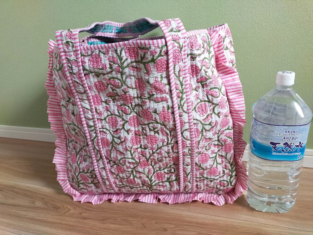 インド直輸入　ブロックプリント　花柄フリル付きリバーシブルトートバッグ