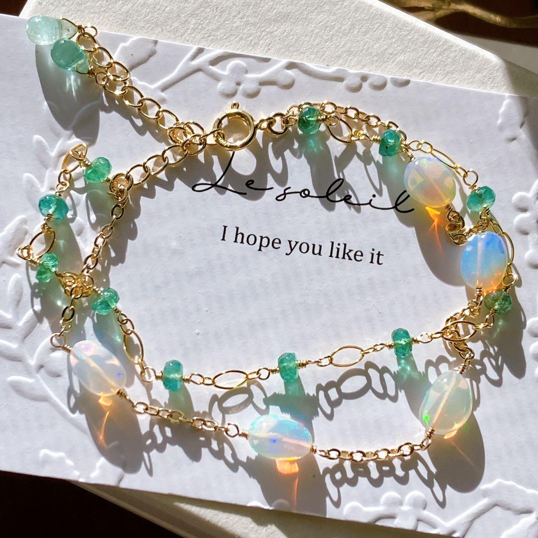 桃色の雲◆エメラルド×エチオピアオパール2連ブレスレット✧14kgf