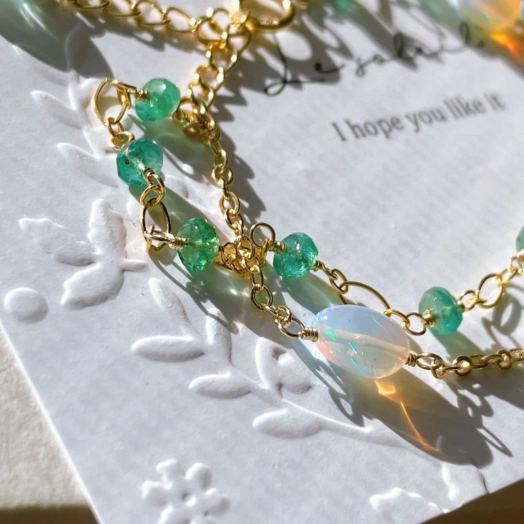 桃色の雲◆エメラルド×エチオピアオパール2連ブレスレット✧14kgf