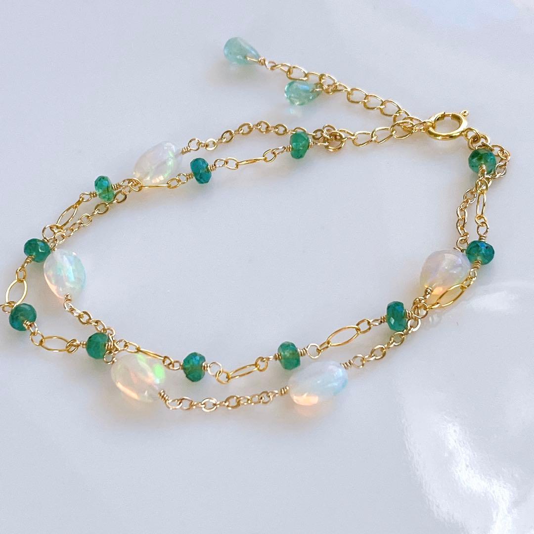 桃色の雲◆エメラルド×エチオピアオパール2連ブレスレット✧14kgf