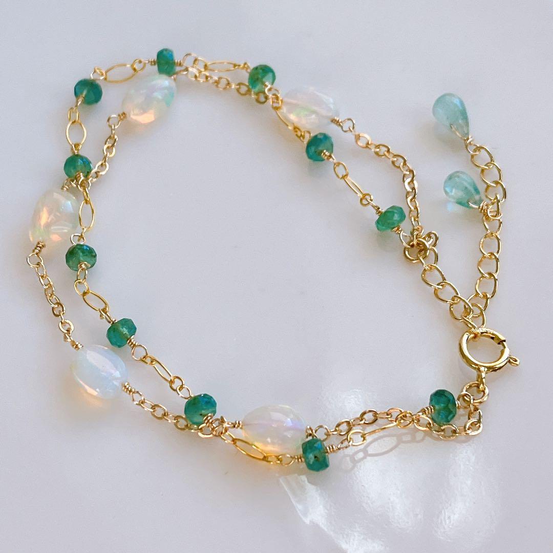 桃色の雲◆エメラルド×エチオピアオパール2連ブレスレット✧14kgf