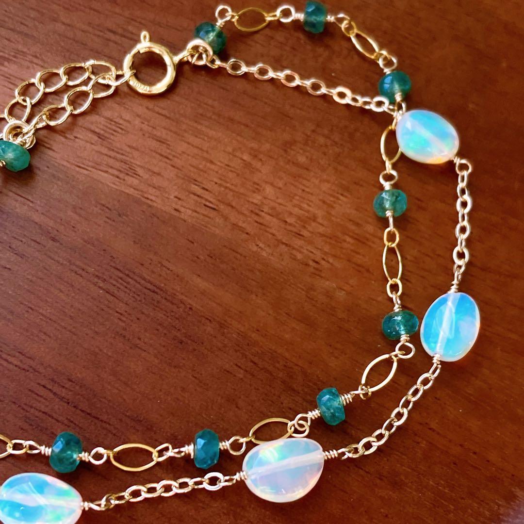 桃色の雲◆エメラルド×エチオピアオパール2連ブレスレット✧14kgf