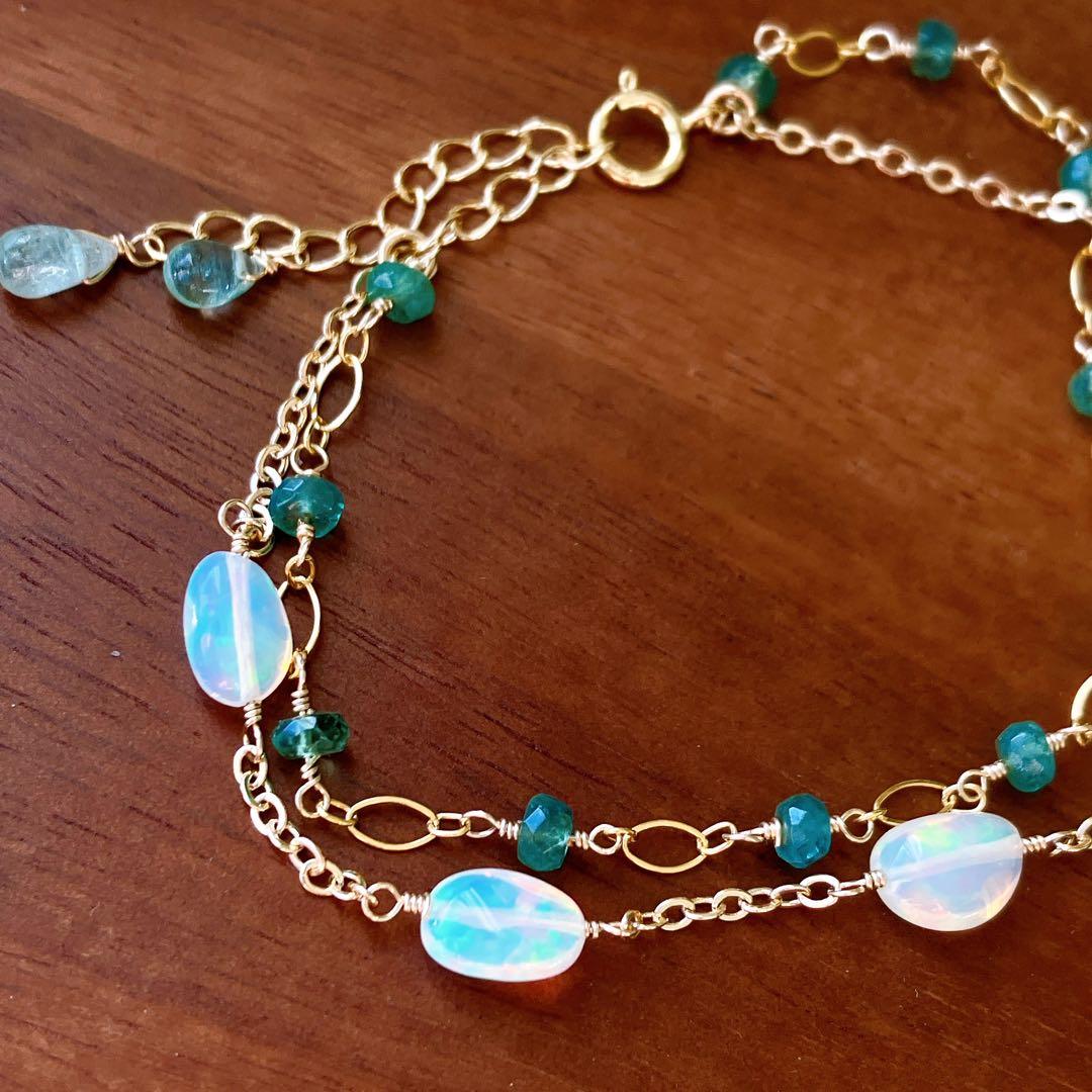 桃色の雲◆エメラルド×エチオピアオパール2連ブレスレット✧14kgf