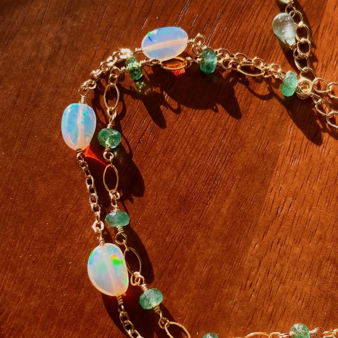 桃色の雲◆エメラルド×エチオピアオパール2連ブレスレット✧14kgf