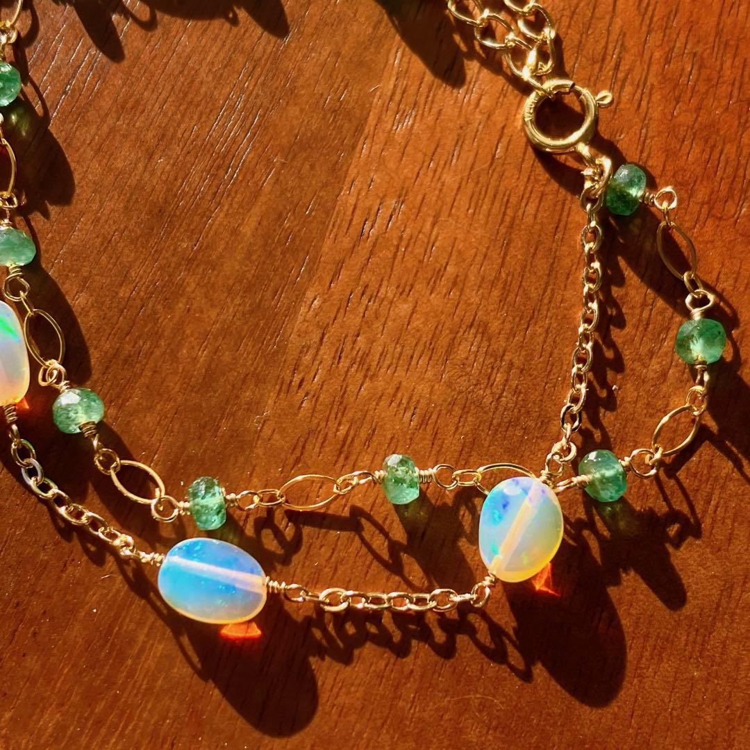 桃色の雲◆エメラルド×エチオピアオパール2連ブレスレット✧14kgf