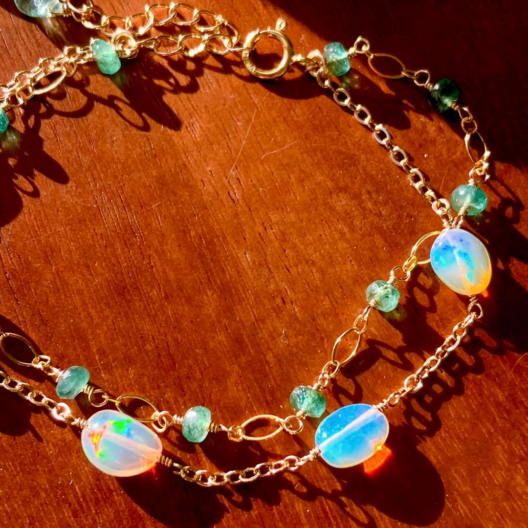 桃色の雲◆エメラルド×エチオピアオパール2連ブレスレット✧14kgf