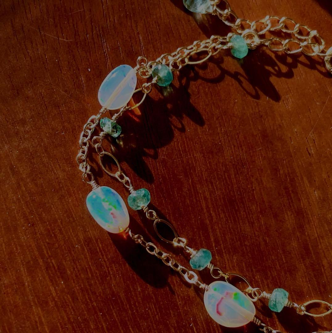 桃色の雲◆エメラルド×エチオピアオパール2連ブレスレット✧14kgf