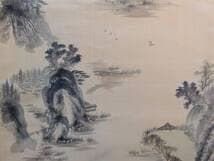 【真作】掛軸　山水図　文人画風　墨彩山水　唐絵風の細密描写　合箱入　S87