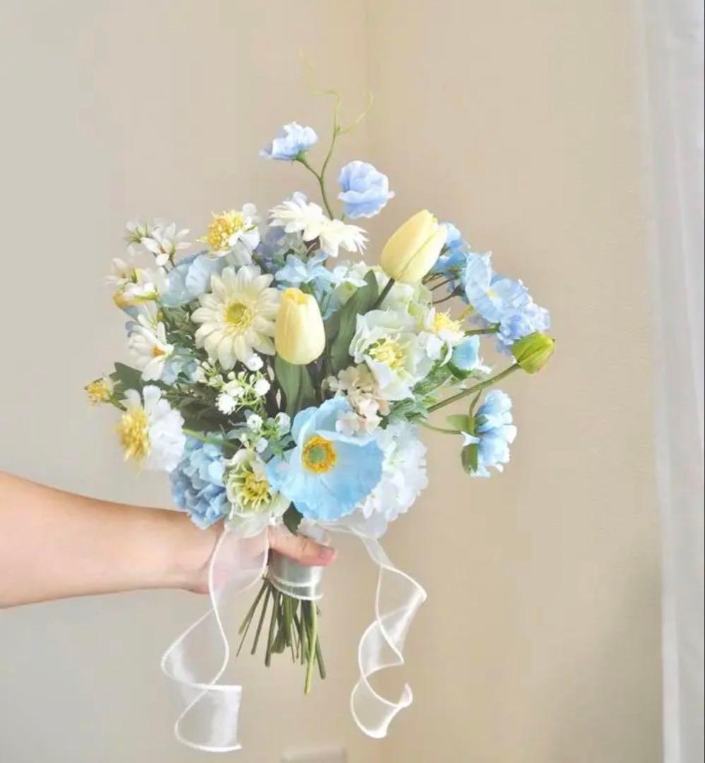 青と白の造花ブーケ　高品質造花のブーケ