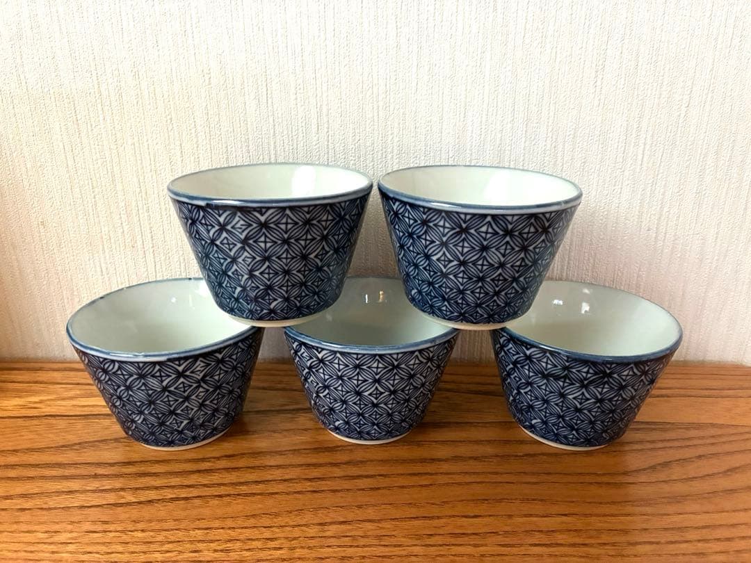 5個【100年前の古いお皿】印判 蕎麦猪口 麻の葉文様