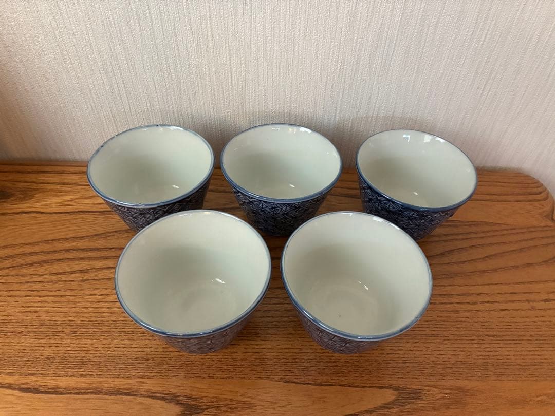 5個【100年前の古いお皿】印判 蕎麦猪口 麻の葉文様