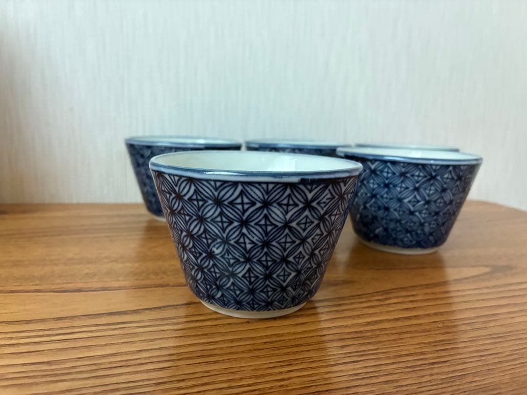 5個【100年前の古いお皿】印判 蕎麦猪口 麻の葉文様