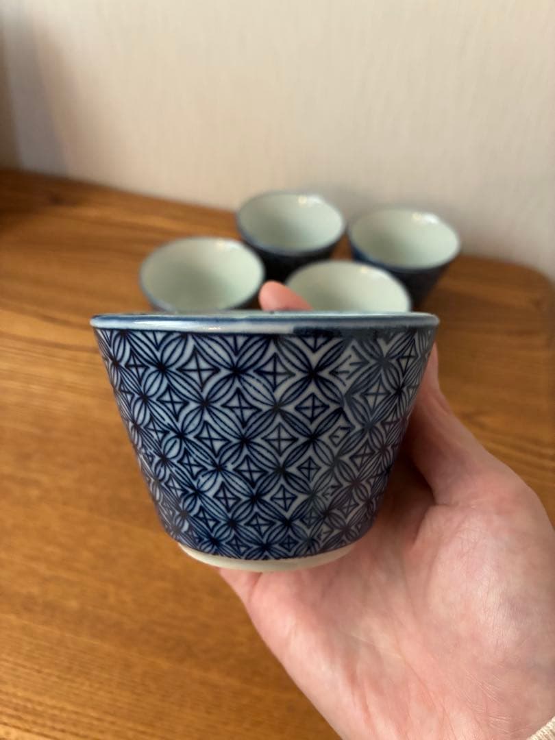 5個【100年前の古いお皿】印判 蕎麦猪口 麻の葉文様