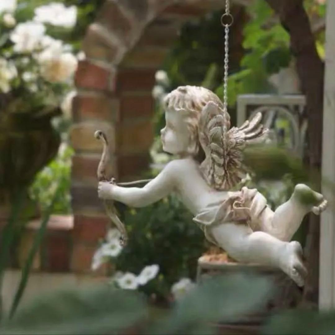 新品アンティーク風キューピッドガーデンオブジェ 天使 弓矢 吊り下げ装飾癒し置物