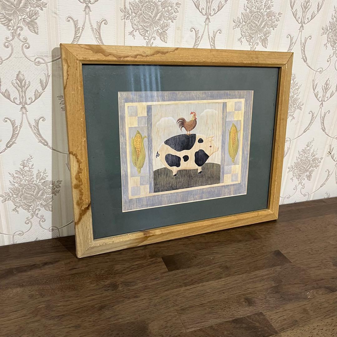 【アンティーク】額装 額縁 ブタ 牛柄 鶏 動物画 アート 美術品 古道具