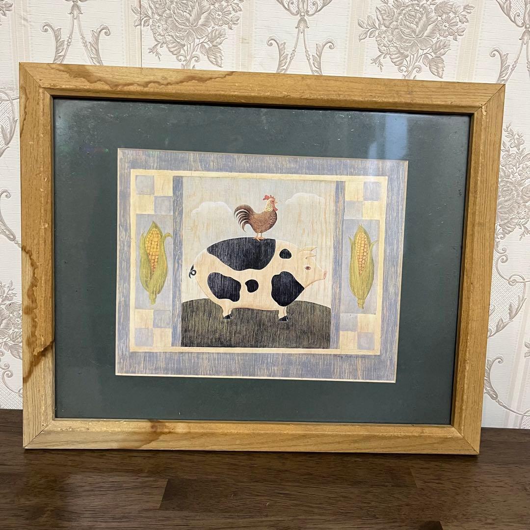【アンティーク】額装 額縁 ブタ 牛柄 鶏 動物画 アート 美術品 古道具
