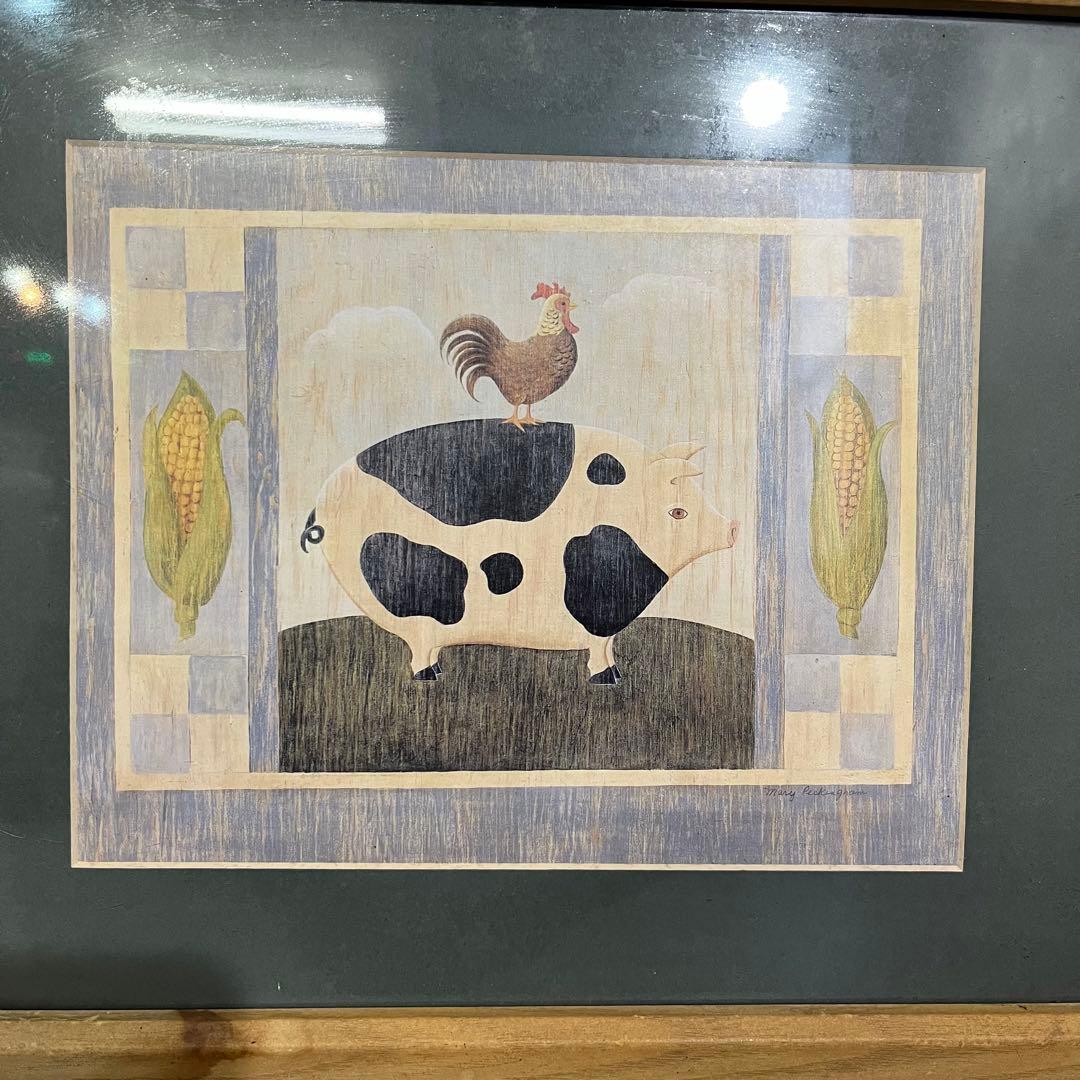 【アンティーク】額装 額縁 ブタ 牛柄 鶏 動物画 アート 美術品 古道具