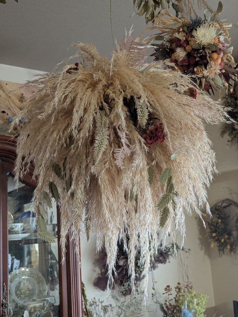 ドライフラワー★パンパスフライングボール★アンティーク風　ゆらゆら　1点物　癒し