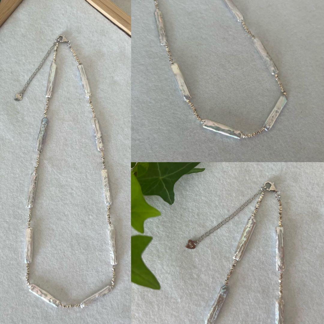 スティックパールネックレス　一連パールネックレス　スクエアパールネックレス