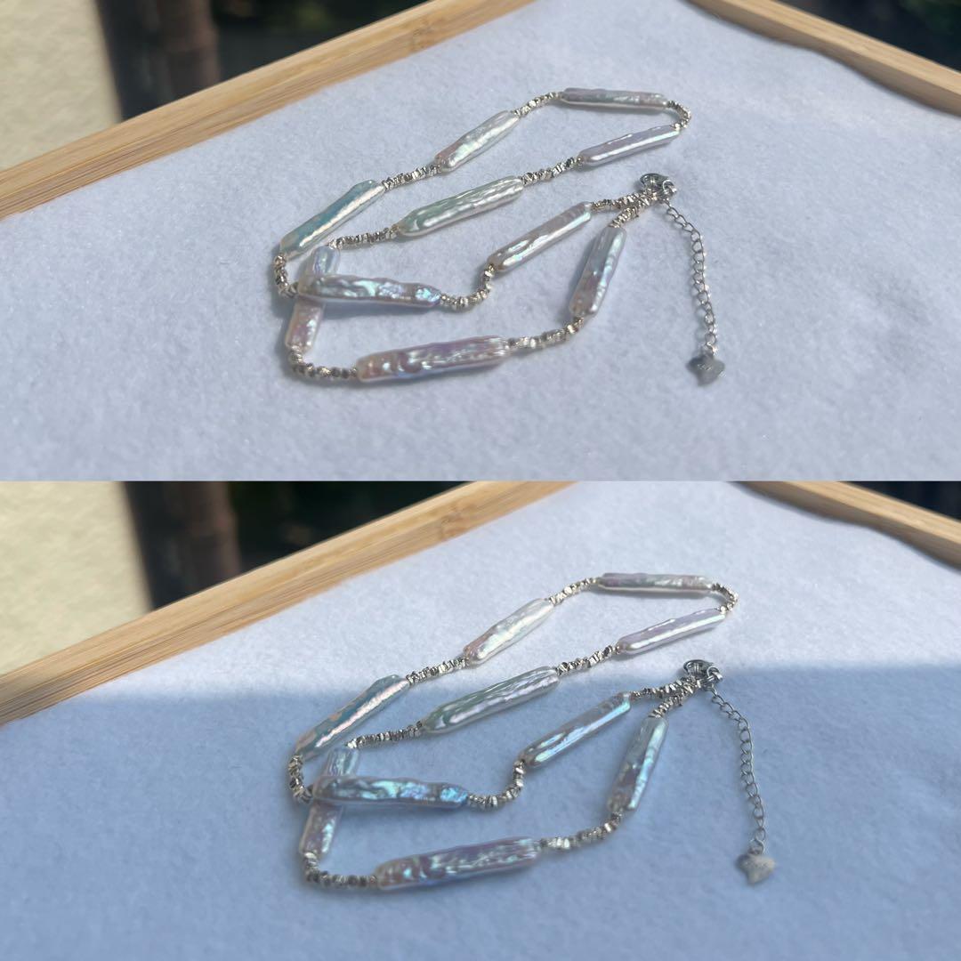 スティックパールネックレス　一連パールネックレス　スクエアパールネックレス