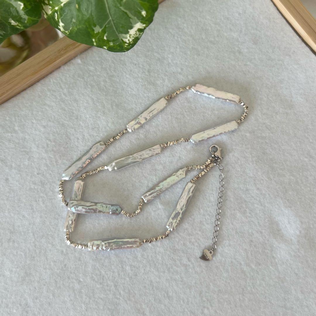 スティックパールネックレス　一連パールネックレス　スクエアパールネックレス