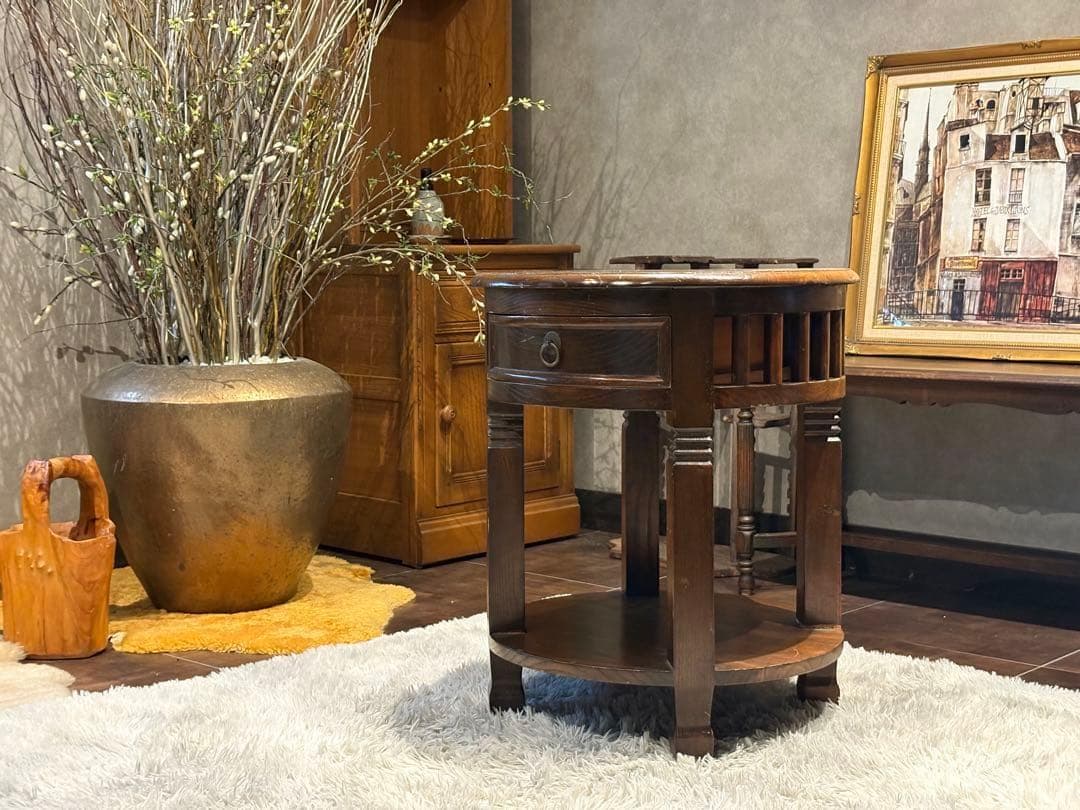 無垢材　アンティーク　コンソール　円形　サイドテーブル　ナイトテーブル　SG