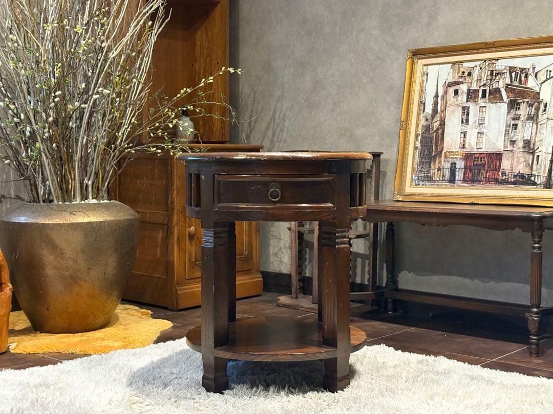 無垢材　アンティーク　コンソール　円形　サイドテーブル　ナイトテーブル　SG