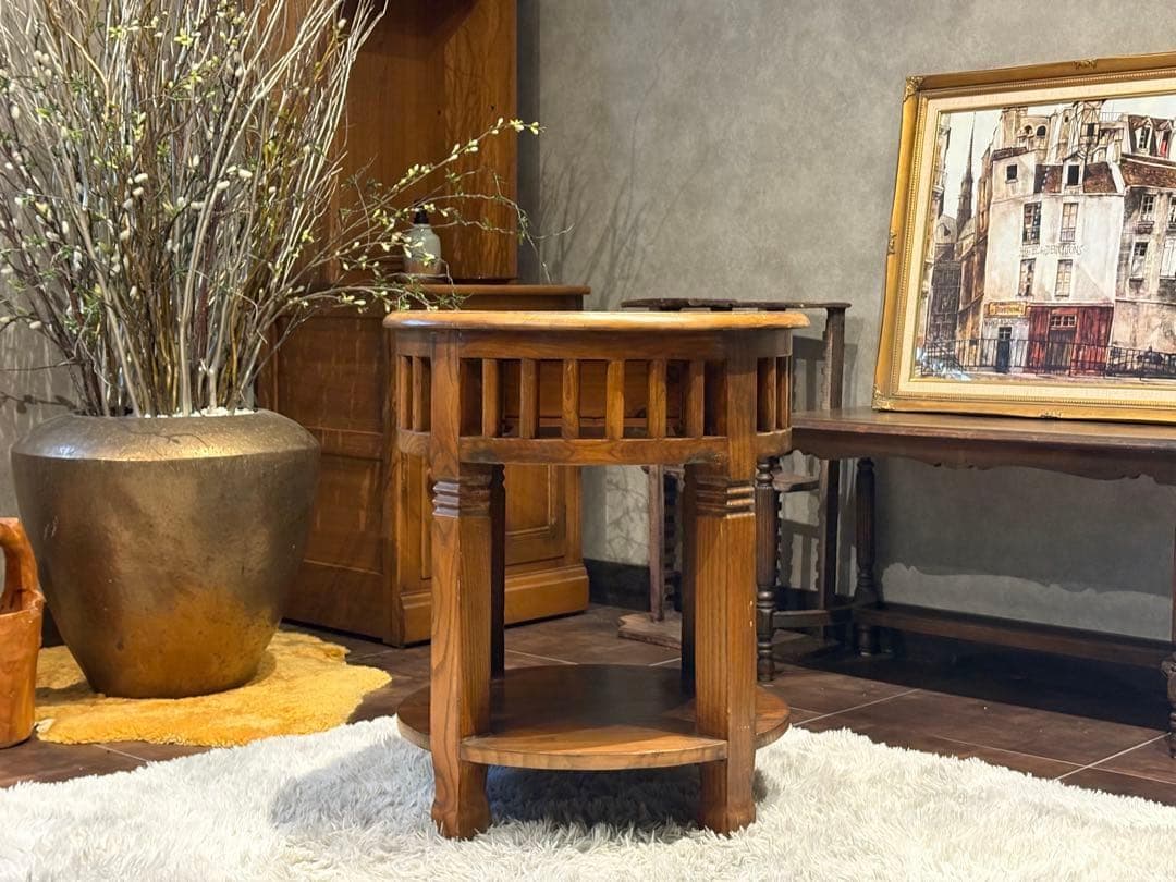 無垢材　アンティーク　コンソール　円形　サイドテーブル　ナイトテーブル　SG